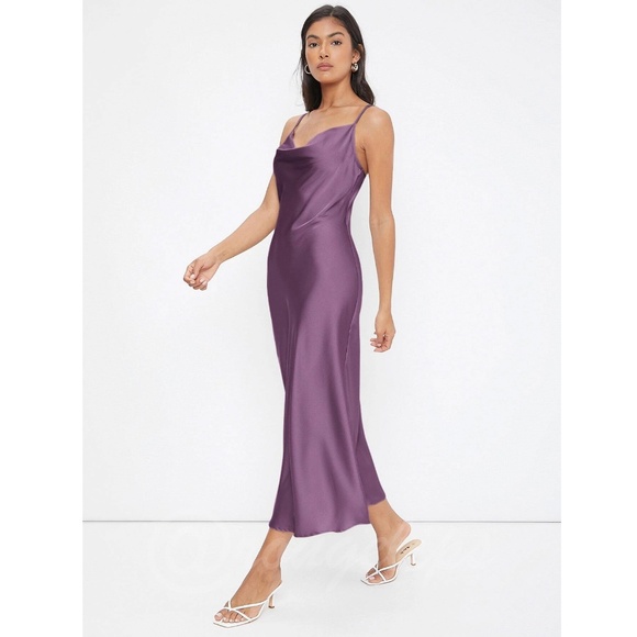 Purple Satin Cami Dress Midi Adjustable Spaghetti Straps - Picture 5 of 7